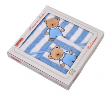 Baby Kapuzen-Badetuch und Waschhandschuh  mit Teddy- Applikation im Geschenkkarton